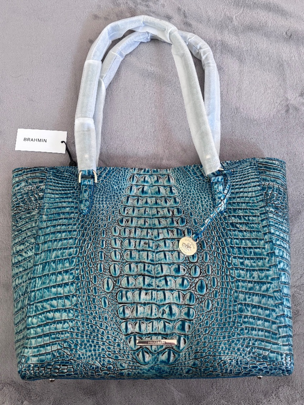Brahmin April Mineral Blue Melbourne Leather Tote Bag Purse Large Croc Embossed